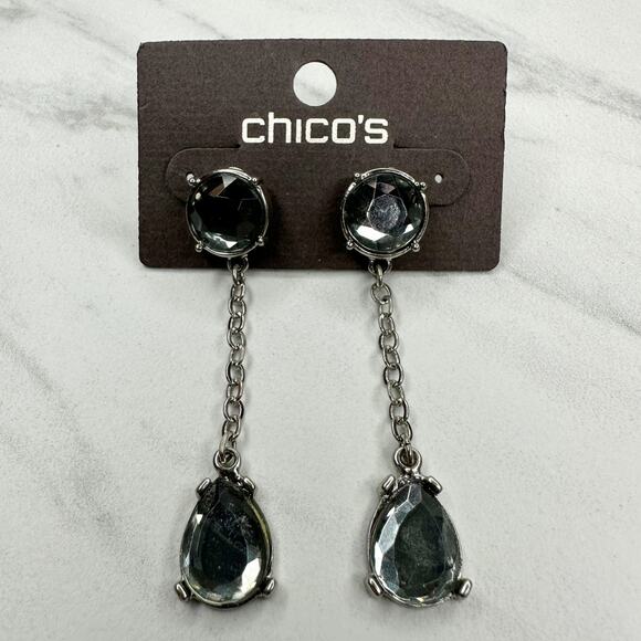 Chico's Edmee Linear Rhinestone Drop Silver Tone Earrings Pierced Pair - Picture 1 of 12